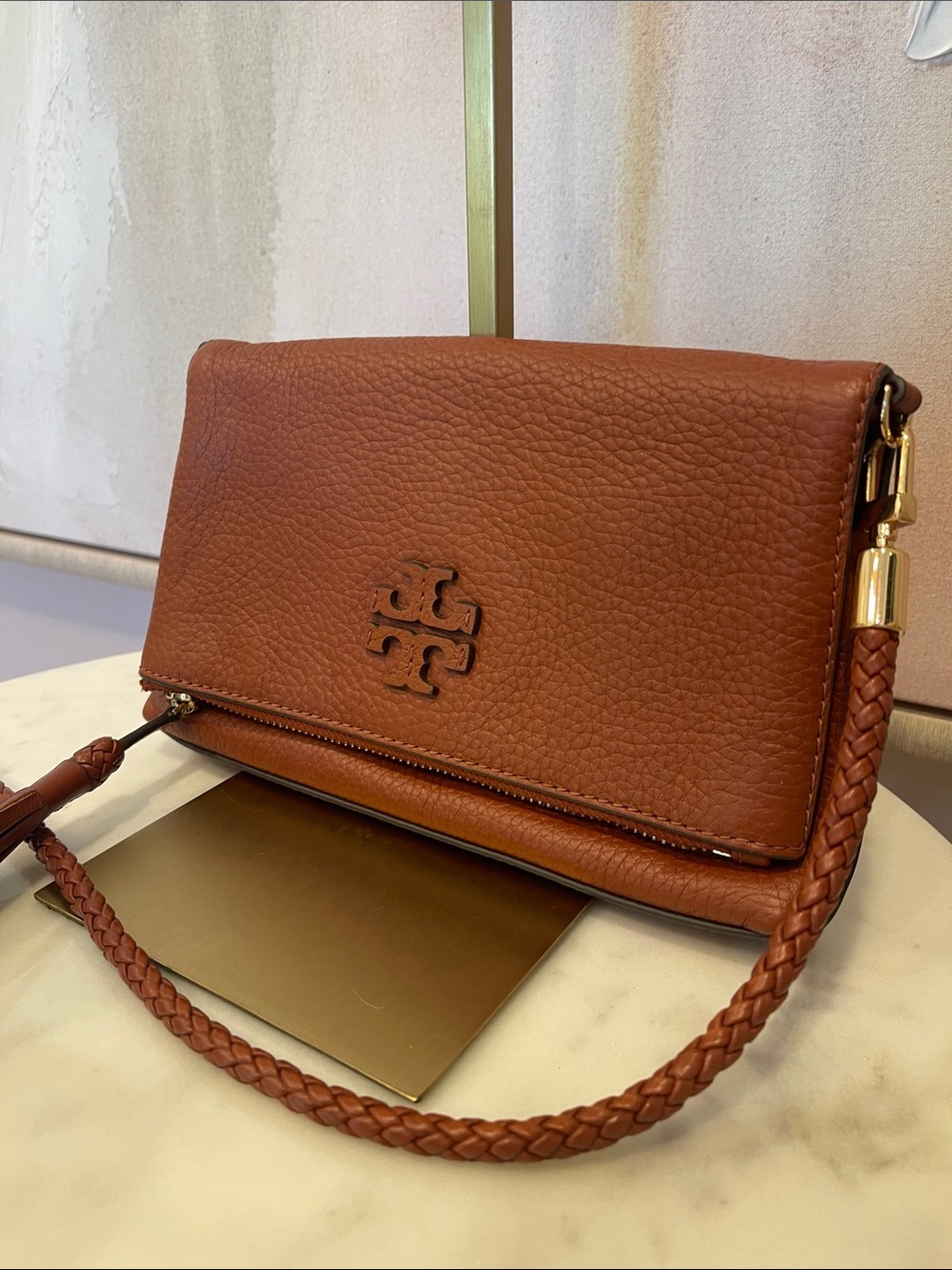 Tory Burch Cognac Leather Braided-Strap Crossbody - Picture 2 of 7